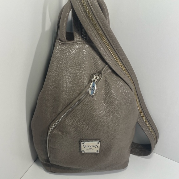 Valentina Italia Taupe Brownish Gray Pebbled Leather Convertible Backpack Purse - Picture 1 of 16